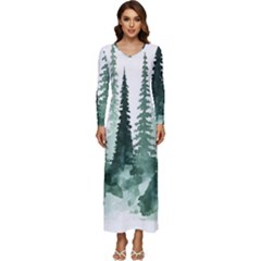 Tree Watercolor Painting Pine Forest Long Sleeve Longline Maxi Dress