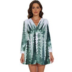 Tree Watercolor Painting Pine Forest Long Sleeve V-Neck Chiffon Dress 