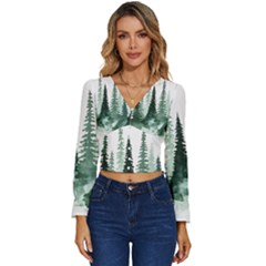 Tree Watercolor Painting Pine Forest Long Sleeve V-Neck Top