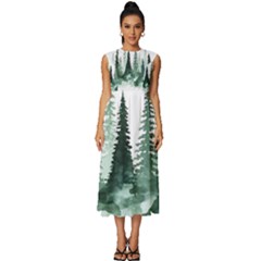 Tree Watercolor Painting Pine Forest Sleeveless Round Neck Midi Dress