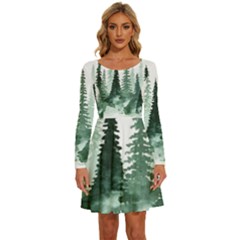 Tree Watercolor Painting Pine Forest Long Sleeve Wide Neck Velvet Dress