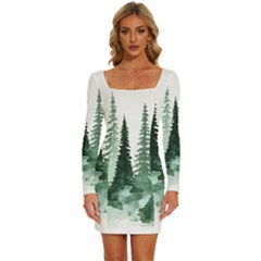 Tree Watercolor Painting Pine Forest Long Sleeve Square Neck Bodycon Velvet Dress
