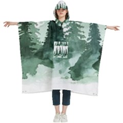 Tree Watercolor Painting Pine Forest Women s Hooded Rain Ponchos