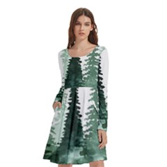 Tree Watercolor Painting Pine Forest Long Sleeve Knee Length Skater Dress With Pockets