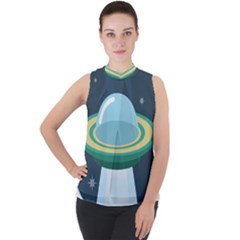 Illustration Ufo Alien  Unidentified Flying Object Mock Neck Chiffon Sleeveless Top