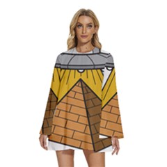 Unidentified Flying Object Ufo Under The Pyramid Round Neck Long Sleeve Bohemian Style Chiffon Mini Dress by Sarkoni