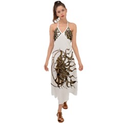 Psychedelic Art Drawing Sun And Moon Head Fictional Character Halter Tie Back Dress  by Sarkoni