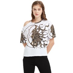 Psychedelic Art Drawing Sun And Moon Head Fictional Character One Shoulder Cut Out T-shirt by Sarkoni