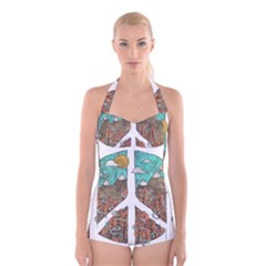 Psychedelic Art Painting Peace Drawing Landscape Art Peaceful Boyleg Halter Swimsuit  by Sarkoni