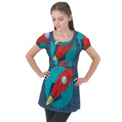 Rocket With Science Related Icons Image Puff Sleeve Tunic Top by Bedest