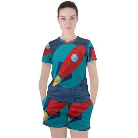 Rocket With Science Related Icons Image Women s T-shirt And Shorts Set by Bedest