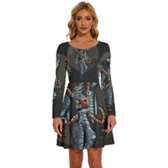 Illustration Drunk Astronaut Long Sleeve Wide Neck Velvet Dress