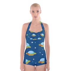 Seamless Pattern Ufo With Star Space Galaxy Background Boyleg Halter Swimsuit  by Bedest