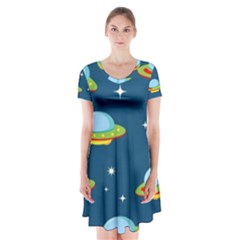Seamless Pattern Ufo With Star Space Galaxy Background Short Sleeve V-neck Flare Dress by Bedest