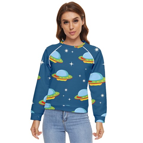 Seamless Pattern Ufo With Star Space Galaxy Background Women s Long Sleeve Raglan T-shirt by Bedest