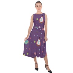 Space Travels Seamless Pattern Vector Cartoon Midi Tie-back Chiffon Dress