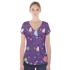 Space Travels Seamless Pattern Vector Cartoon Short Sleeve Front Detail Top by Bedest