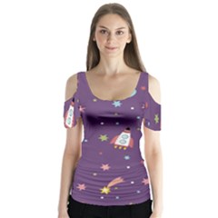 Space Travels Seamless Pattern Vector Cartoon Butterfly Sleeve Cutout T-shirt 