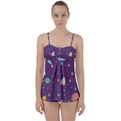 Space Travels Seamless Pattern Vector Cartoon Babydoll Tankini Set by Bedest