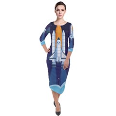 Spaceship Milkyway Galaxy Quarter Sleeve Midi Velour Bodycon Dress
