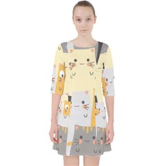 Seamless Pattern Cute Cat Cartoons Quarter Sleeve Pocket Dress