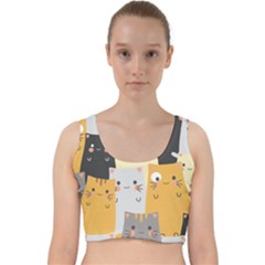 Seamless Pattern Cute Cat Cartoons Velvet Racer Back Crop Top