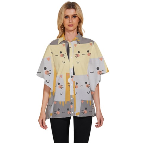 Seamless Pattern Cute Cat Cartoons Women s Batwing Button Up Shirt by Bedest