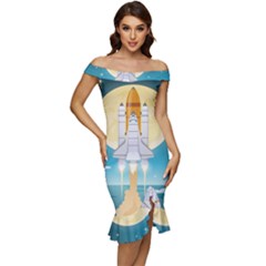 Space Exploration Illustration Off Shoulder Ruffle Split Hem Bodycon Dress by Bedest