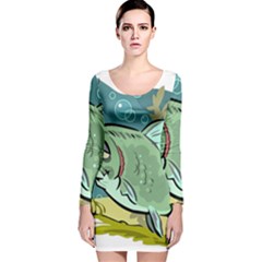 Fish Hook Worm Bait Water Hobby Long Sleeve Velvet Bodycon Dress