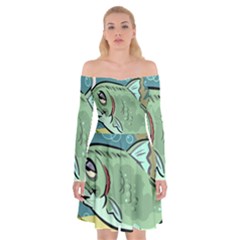 Fish Hook Worm Bait Water Hobby Off Shoulder Skater Dress by Sarkoni