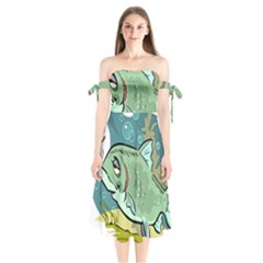 Fish Hook Worm Bait Water Hobby Shoulder Tie Bardot Midi Dress