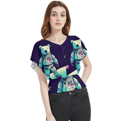 Bear Astronaut Futuristic Butterfly Chiffon Blouse by Bedest