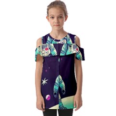 Bear Astronaut Futuristic Fold Over Open Sleeve Top