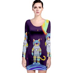 Cat Astronaut Space Retro Universe Long Sleeve Bodycon Dress