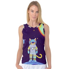 Cat Astronaut Space Retro Universe Women s Basketball Tank Top by Bedest