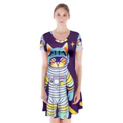 Cat Astronaut Space Retro Universe Short Sleeve V-neck Flare Dress by Bedest