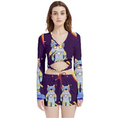 Cat Astronaut Space Retro Universe Velvet Wrap Crop Top And Shorts Set