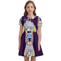 Cat Astronaut Space Retro Universe Kids  Bow Tie Puff Sleeve Dress by Bedest