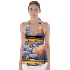 Rural Farm Fence Pathway Sunset Tie Back Tankini Top by Bedest