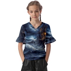 House Waves Storm Kids  V-neck Horn Sleeve Blouse