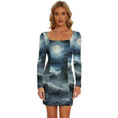 House Waves Storm Long Sleeve Square Neck Bodycon Velvet Dress