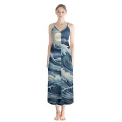 Waves Storm Sea Moon Landscape Button Up Chiffon Maxi Dress by Bedest