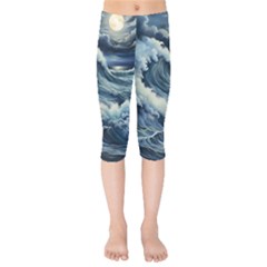 Waves Storm Sea Moon Landscape Kids  Capri Leggings 