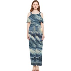 Waves Storm Sea Moon Landscape Draped Sleeveless Chiffon Jumpsuit by Bedest