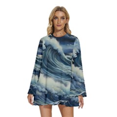 Waves Storm Sea Moon Landscape Round Neck Long Sleeve Bohemian Style Chiffon Mini Dress by Bedest
