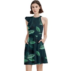 Foliage Cocktail Party Halter Sleeveless Dress With Pockets