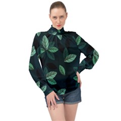 Foliage High Neck Long Sleeve Chiffon Top