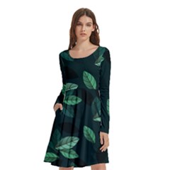 Foliage Long Sleeve Knee Length Skater Dress With Pockets