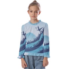 Swan Flying Bird Wings Waves Grass Kids  Frill Detail T-Shirt