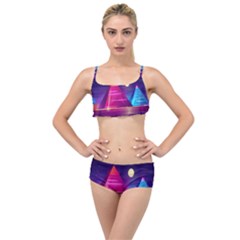 Egyptian Pyramids Night Landscape Cartoon Layered Top Bikini Set by Ndabl3x